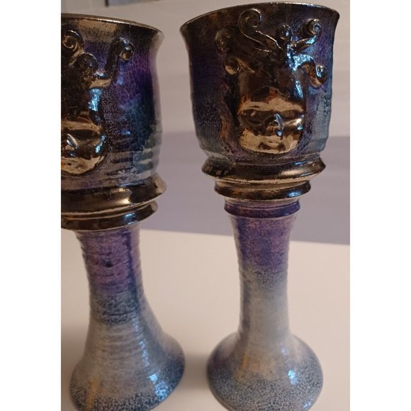 Goblets-Pair of Vintage Signed LaStella Art Pottery Goblets Medusa Mermaid OOAK - Picture 3 of 9